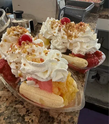 Banana split with ice cream and toppings at Hilltop Creamery, East Greenwich RI