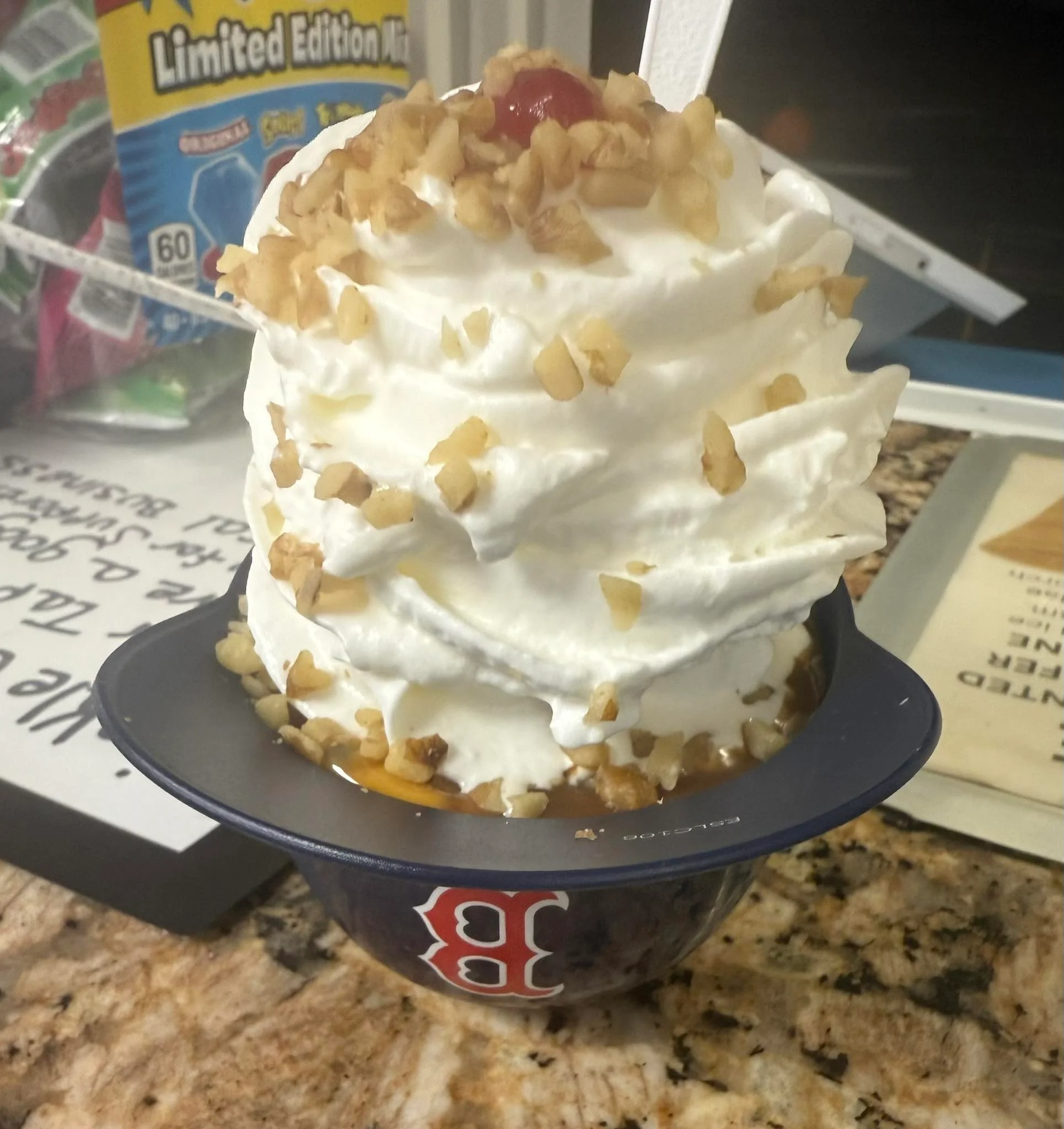 Kay's Famous Triple Torch Baseball Cap Sundae at Hilltop Creamery in East Greenwich, Rhode Island
